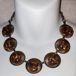 Vintage 70s Copper Comedy Tragedy Theater Mask Panel Link Bib Necklace